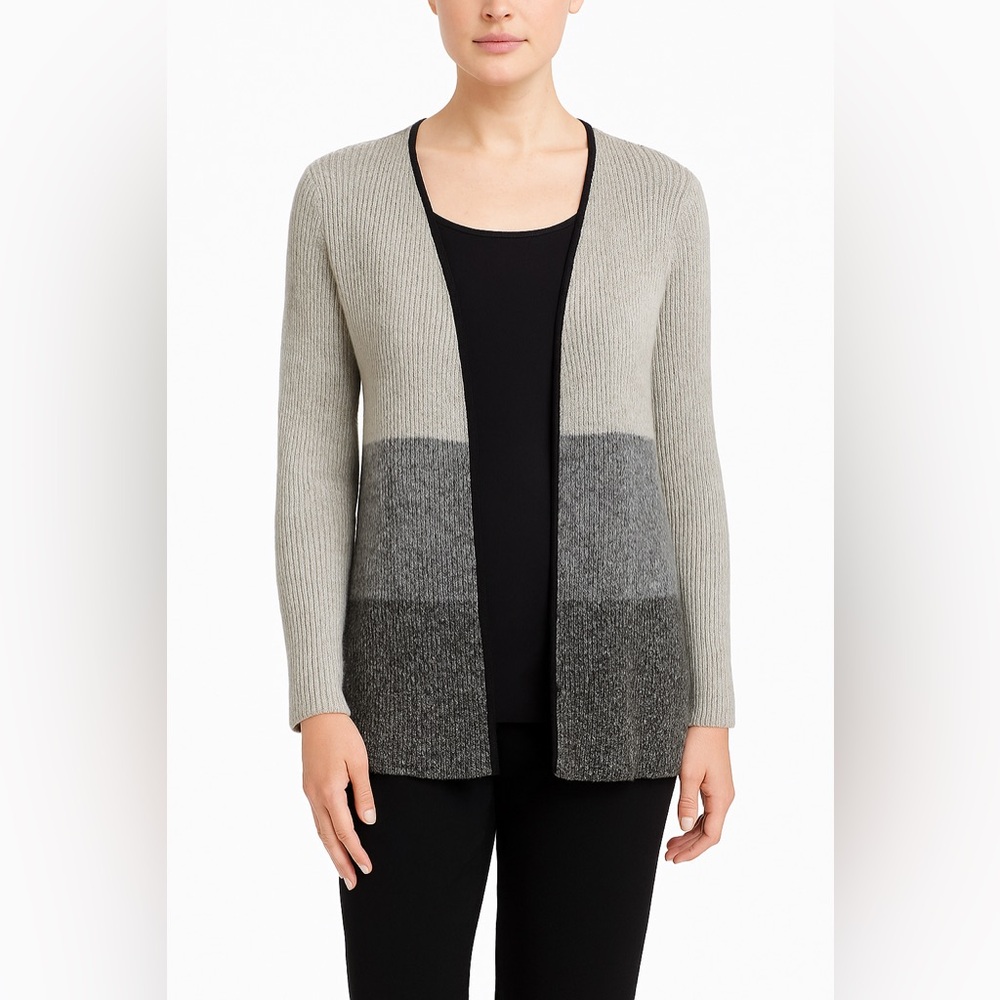 Eileen Fisher Organic Linen and Wool Gray Neutrals Color Block Cardigan, Size PM